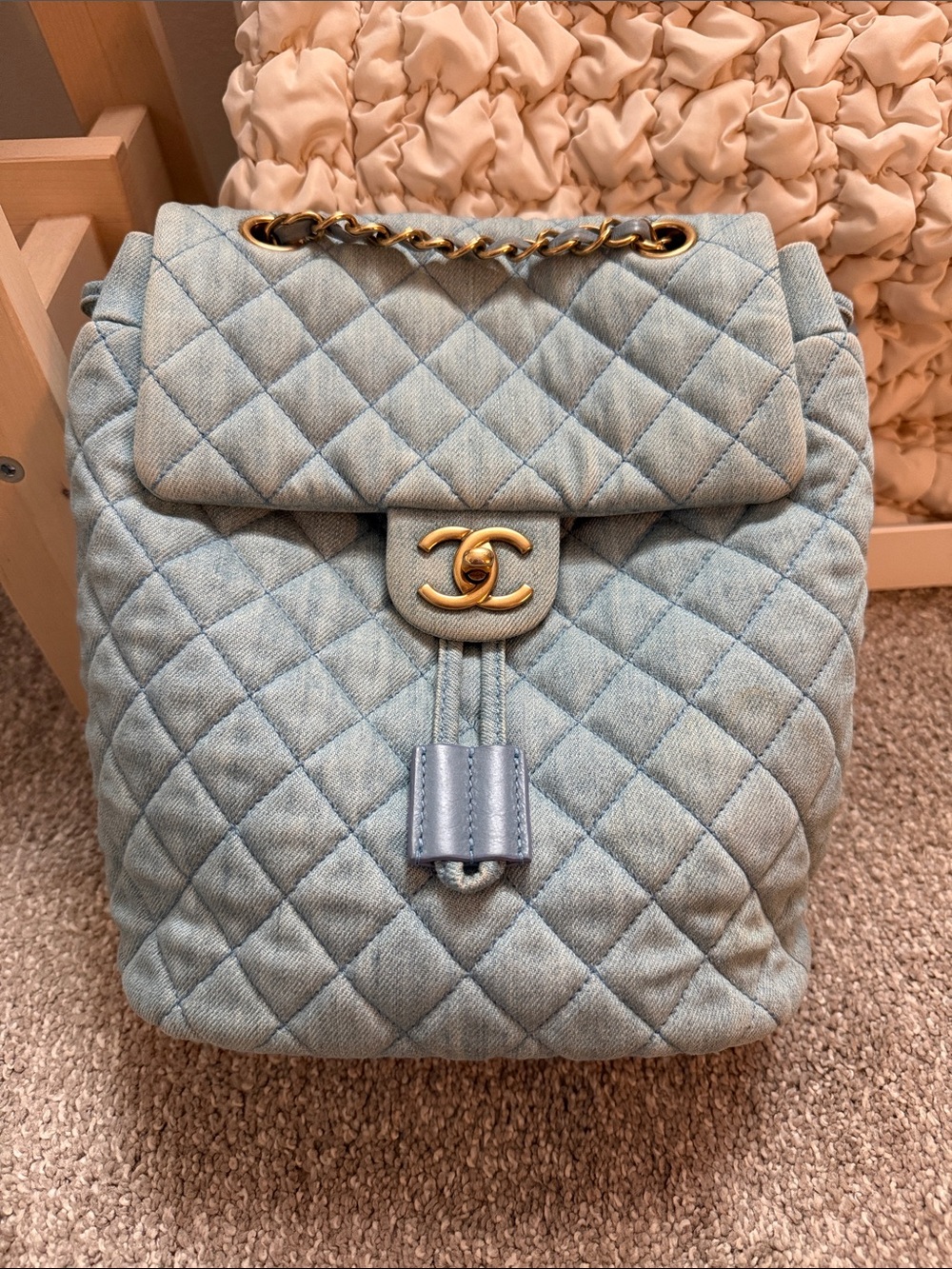 Authentic Vintage Chanel Denim Backpack Blue Quilted CC